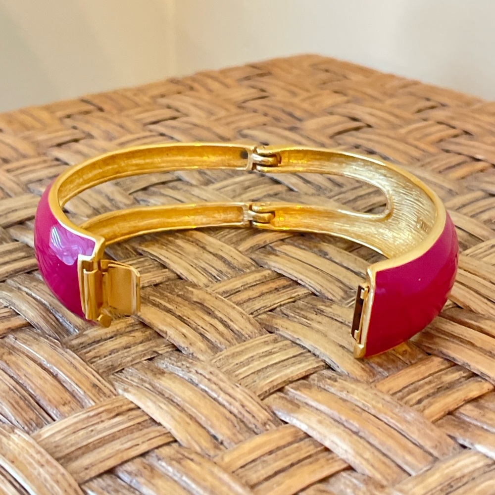 Vintage Monet Gold and Pink Clamper Bangle Bracelet - Picture 8 of 13